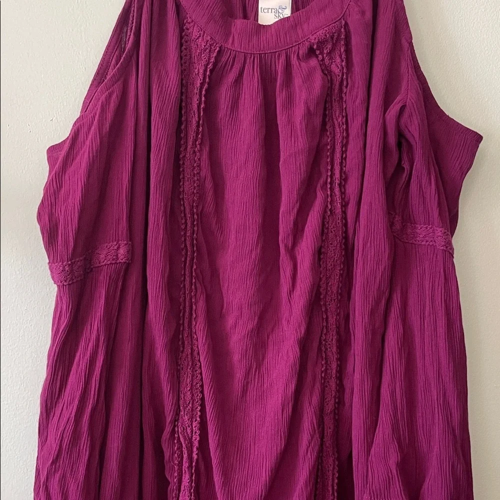 Terra & Sky|Boho Cold Shoulder Tiered Crochet 3/4 Sleeve Dress|1X|EUC - Picture 7 of 11